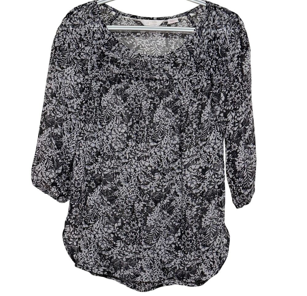LC Lauren Conrad Women's Floral Black White Sparkle 3/4 Sleeve Blouse Size XS